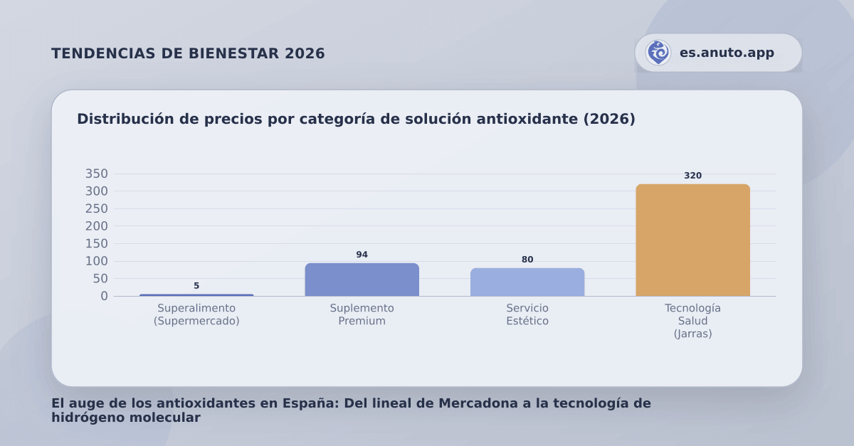Distribución de precios por categoría de solución antioxidante (2026)