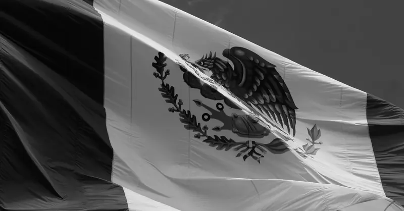 Dramatic black and white photo of the Mexican flag waving on a windy day.