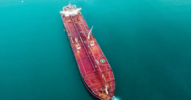 Aerial shot of an oil tanker cruising through the ocean, emphasizing maritime transport.