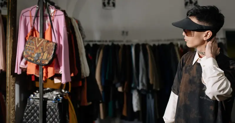 Man wearing sunglasses and sun visor browsing clothes rack at thrift store.