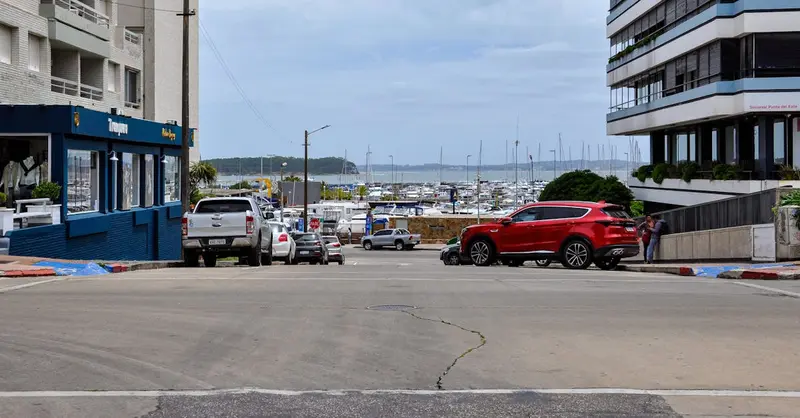 View of Punta del Este's marina from a bustling urban street, featuring buildings and parked cars.