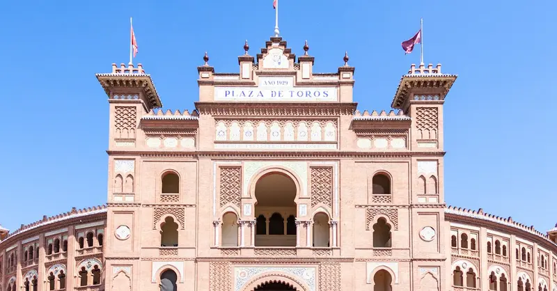 Front view of the iconic Plaza de Toros de Las Ventas, a landmark in Madrid, Spain.