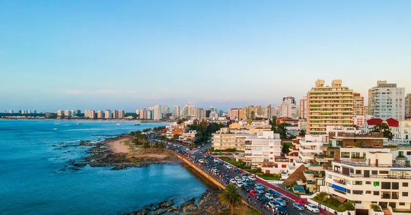 Drone view of ocean shoreline with busy highway and contemporary buildings in sunlight