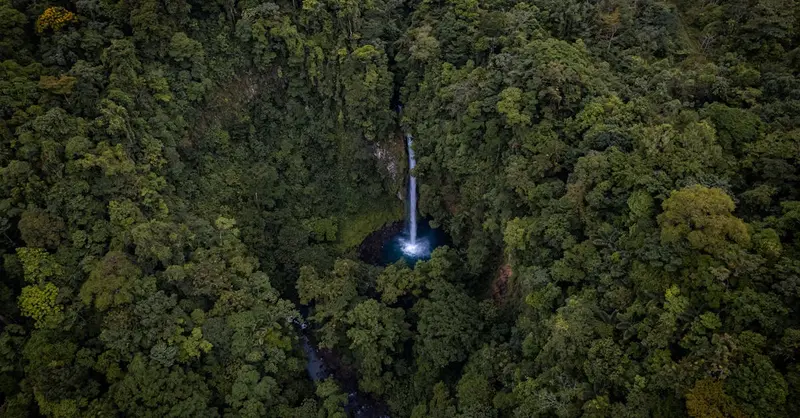 A breathtaking aerial shot of La Fortuna Waterfall surrounded by lush rainforest in Costa Rica.