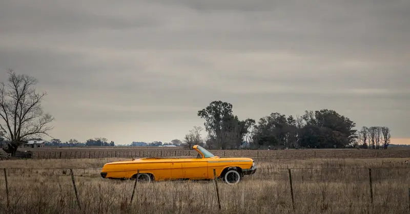 A classic yellow convertible car in a serene Argentine rural field during an overcast evening.