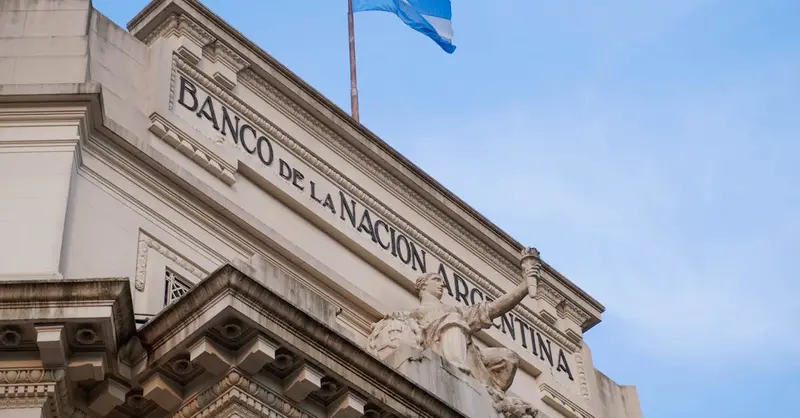 Low angle view of Banco de la Nación Argentina with flag in Concordia, Entre Rios.