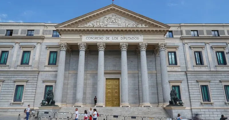 View of the Congreso de los Diputados, a neoclassical landmark in Madrid, Spain.