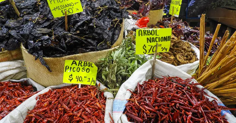 Colorful spices and dried chiles at a bustling market in Mexico City.