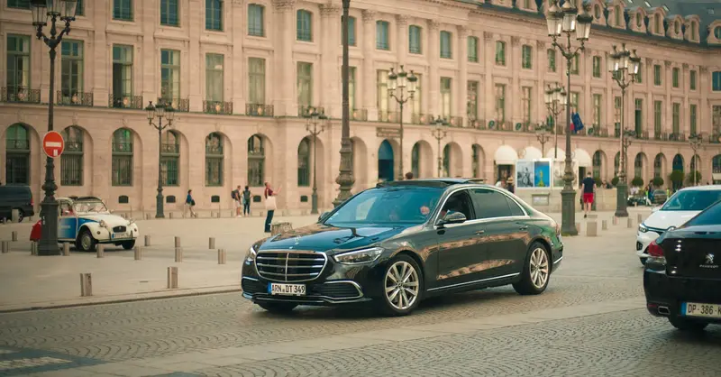 A Mercedes Benz driving in front of the historic Ritz building in Paris.