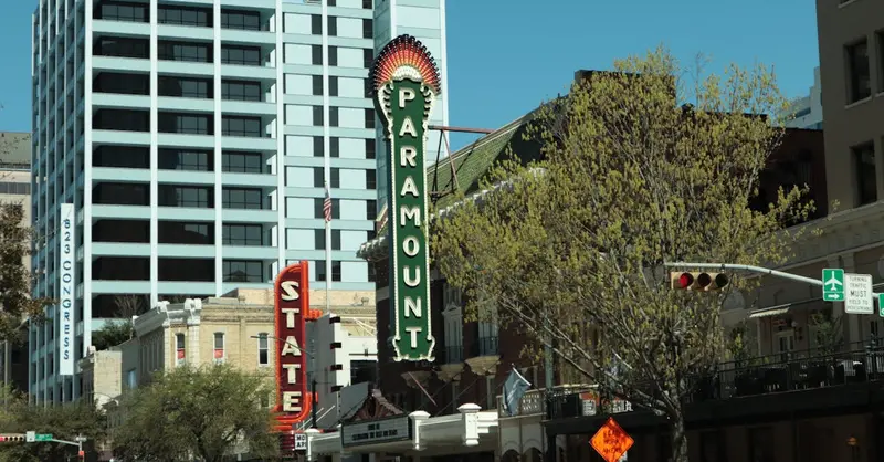 Street view of the iconic Paramount Theatre on Congress Avenue in Austin, TX.