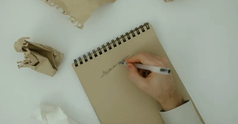 Person writing on a notepad surrounded by crumpled paper, symbolizing brainstorming and creativity.