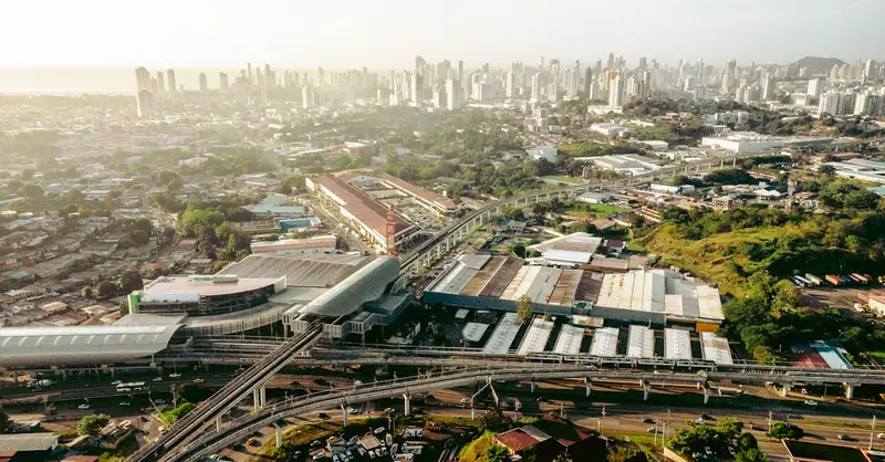 Stunning aerial view of San Miguelito's urban cityscape with transit systems in Panama.