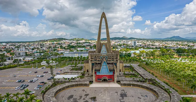 Stunning aerial shot of Basílica Catedral Nuestra Señora de la Altagracia in Higüey, Dominican Republic.