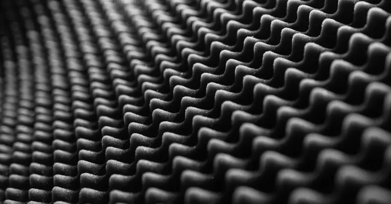 Close-up view of textured soundproof foam in black and white, showcasing its detailed pattern.