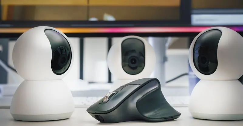 Three white webcams and a computer mouse on a desk, highlighting modern office technology.