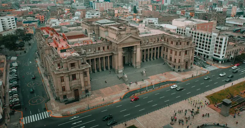Aerial shot of Palace of Justice in Lima, capturing urban landscape and architecture.