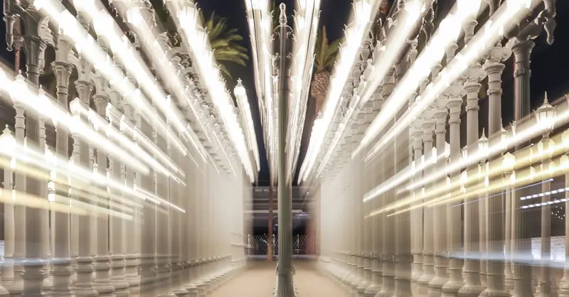 Long exposure shot of the iconic Urban Light installation at LACMA, Los Angeles.