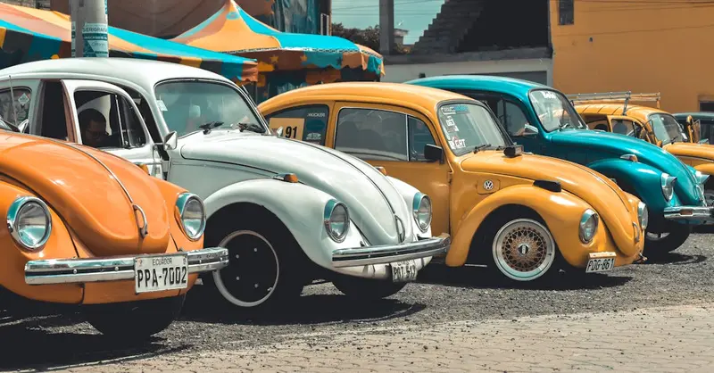 A collection of colorful vintage Volkswagen Beetles parked outdoors, showcasing classic automotive design.