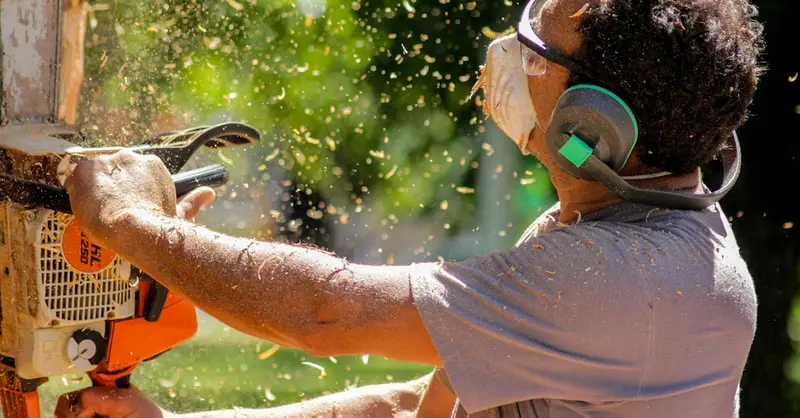Man cutting wood with a chainsaw, wearing safety gear outdoors.