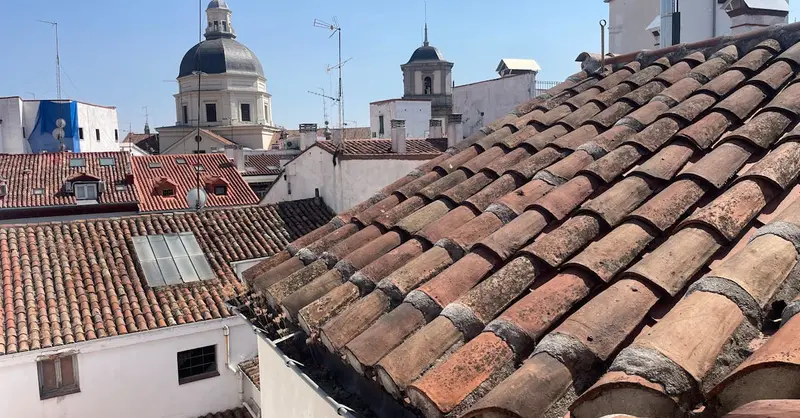 Captivating view of traditional rooftops and historical architecture in Madrid under a clear blue sky.