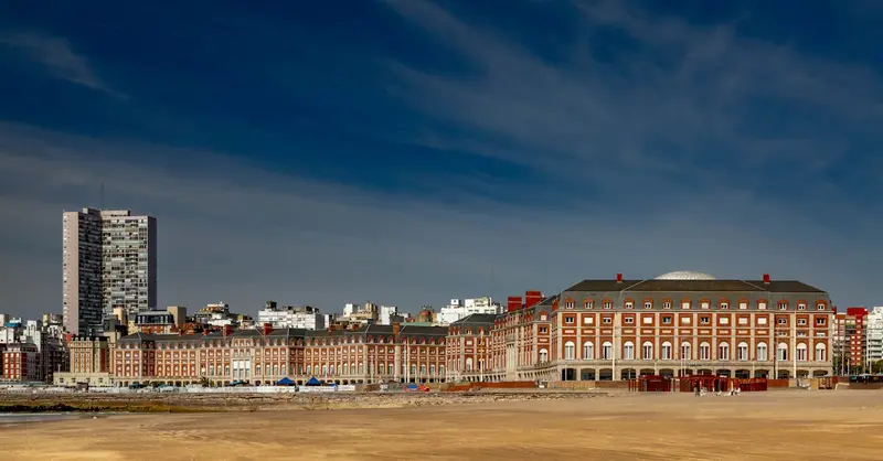 View of the iconic Bristol Hotel and skyline from Mar del Plata beach, Argentina.