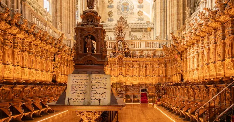 Majestic view of the ornate choir stalls in Salamanca Cathedral, showcasing exquisite woodwork.