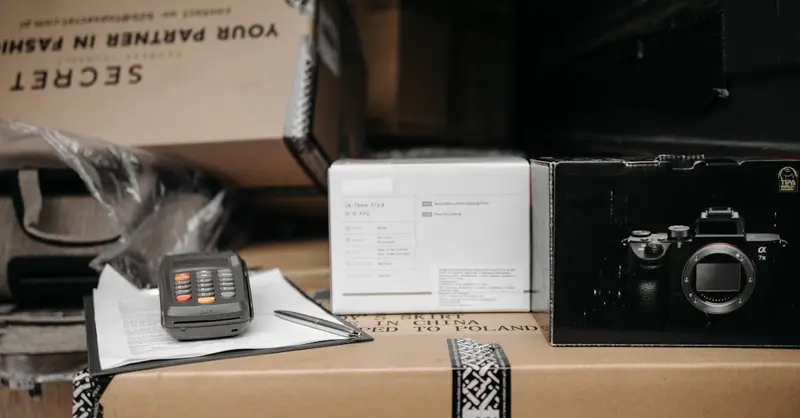 Assorted packages with camera equipment ready for shipment in an indoor setting.