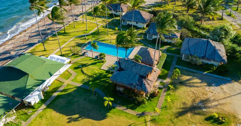 Stunning aerial view of a tropical resort in Bacong, Philippines, showcasing palm trees, beach, and swimming pool.