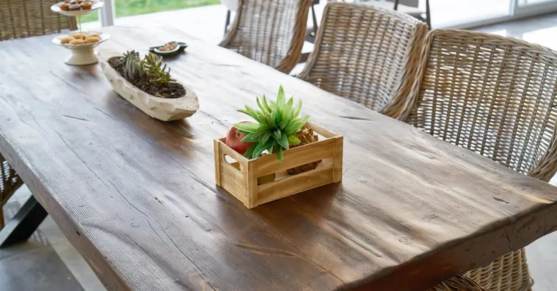 Cozy indoor dining setup with a rustic wooden table adorned with plants and wicker chairs.