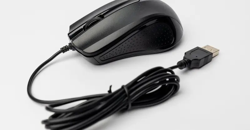 Close-up of a black wired computer mouse on a white background, showcasing its design and connection cable.