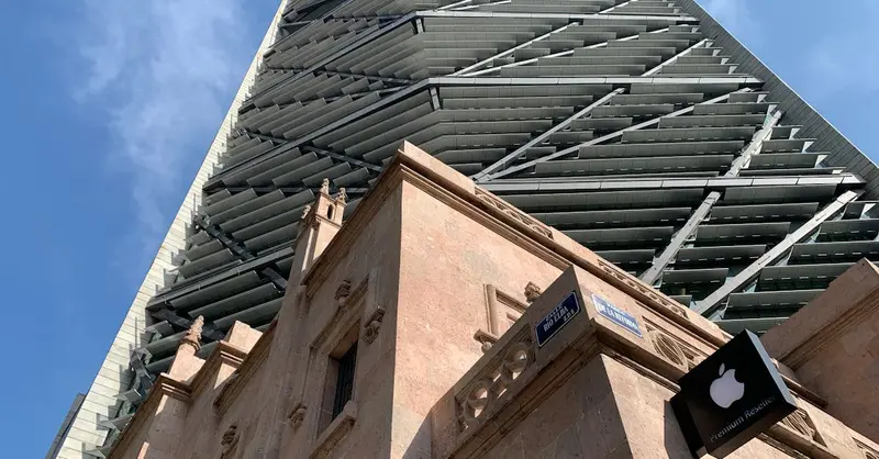 Unique architectural view of a building in Ciudad de México, blending historic and modern design.