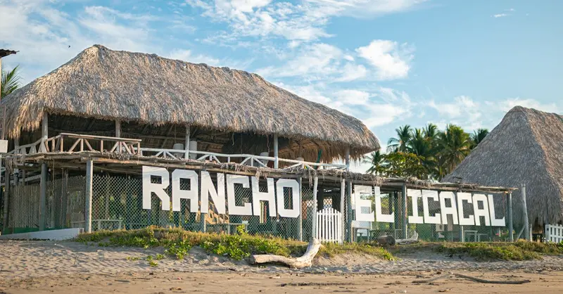 Rustic straw-roofed ranch on a sunny beach at Rancho El Icacal, perfect for tropical escapes.