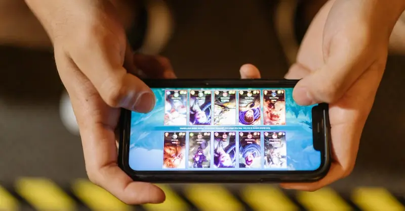 Close-up of hands playing a mobile game on a smartphone, showcasing the game's interface.
