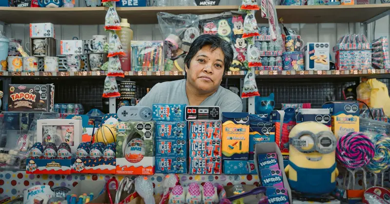 Woman in a vibrant Mexico City toy shop surrounded by merchandise.