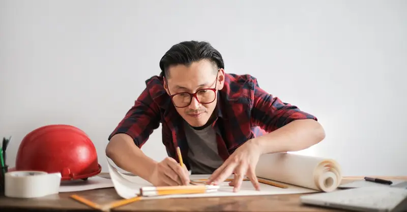 Inspired young male engineer in glasses drawing draft on paper bending over table against white wall