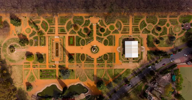Stunning aerial view of Parque de la Independencia, Rosario, Argentina showcasing geometric garden design.