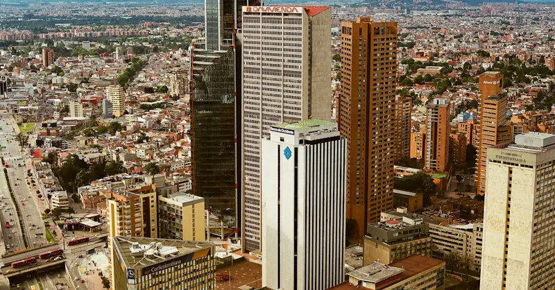 A captivating aerial view of Bogotá, Colombia, showcasing its towering skyscrapers and urban sprawl.