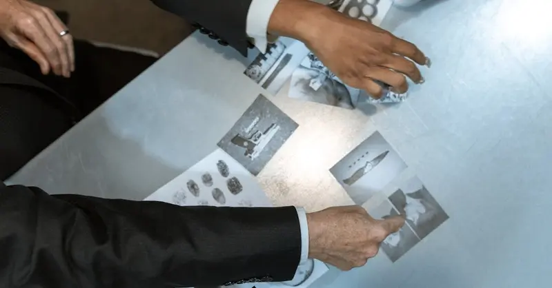 Detectives analyzing black and white photos and fingerprints. Investigation process depicted in detailed top view.